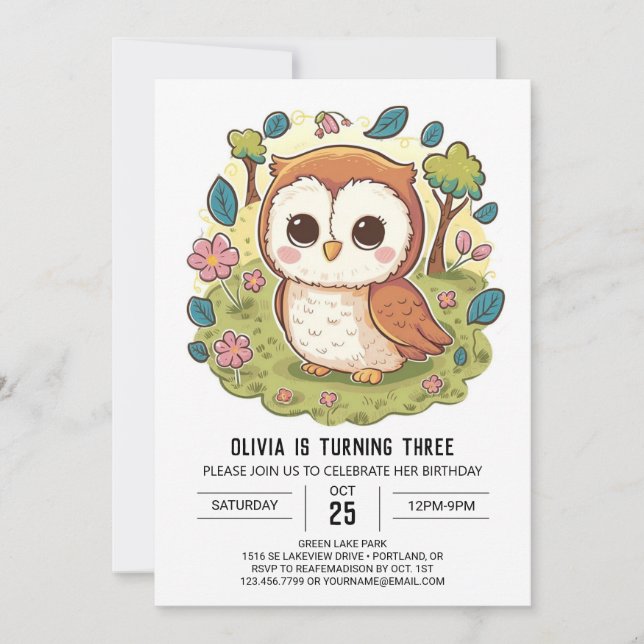 Invitación Cumpleaños de la Lechuza Digital Boho Woodland (Anverso)