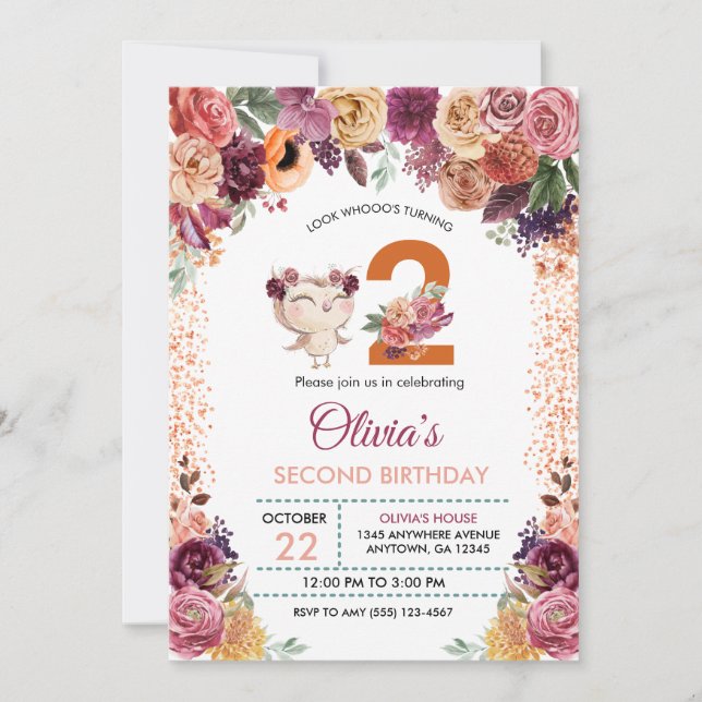 Invitación Cumpleaños de la lechuza floral de otoño (Anverso)
