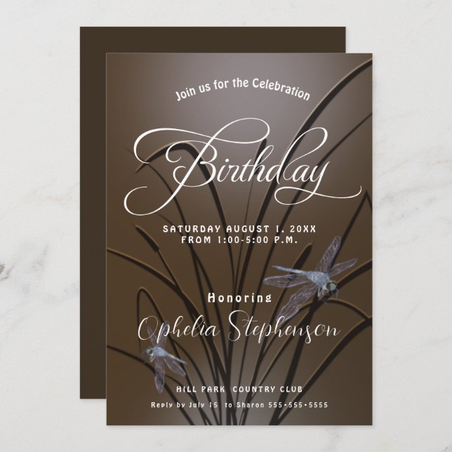 Invitación Cumpleaños de la libélula mocha suave (Anverso / Reverso)