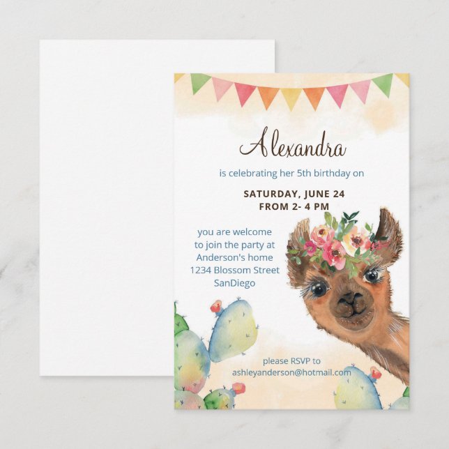 Invitación Cumpleaños de la Llama de la acuarela (Anverso / Reverso)