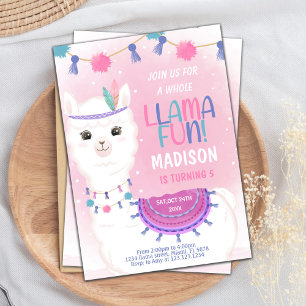 Invitación Cumpleaños de la Llama Rosa y Morada Editable