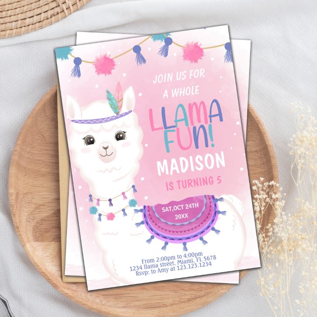 Invitación Cumpleaños de la Llama Rosa y Morada Editable (Pink Purple Llama Birthday Invitations)