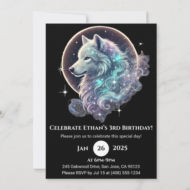 Invitación Cumpleaños de la Luna de Lobo Celestial (Anverso)