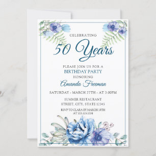 Invitación Cumpleaños de la madre floral blanca y azul modern