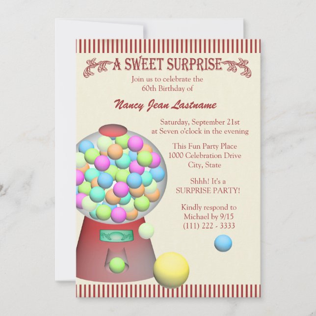 Invitación Cumpleaños de la máquina de Gumball Sweet Surprise (Anverso)