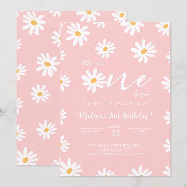 Invitación Cumpleaños de la margarita floral blanca y rosa (Anverso / Reverso)