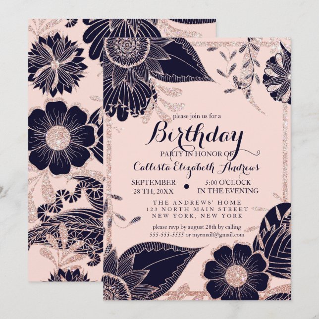 Invitación Cumpleaños de la Marina de Oro Rosa Purpurina flor (Anverso / Reverso)