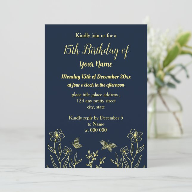 Invitación Cumpleaños de la marina floral dorada simple (Anverso de pie)