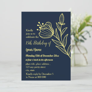 Invitación Cumpleaños de la marina floral dorada simple