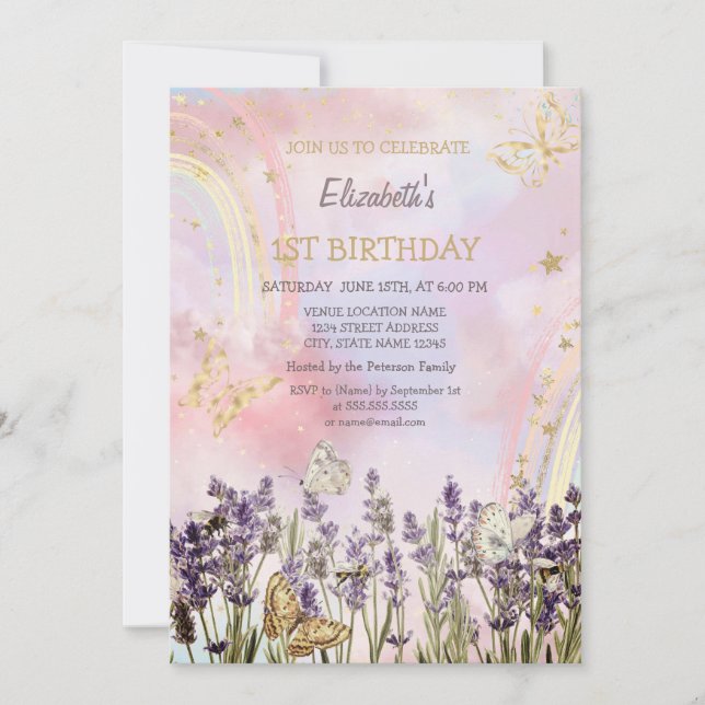 Invitación Cumpleaños de la mariposa acuarela Lavander (Anverso)