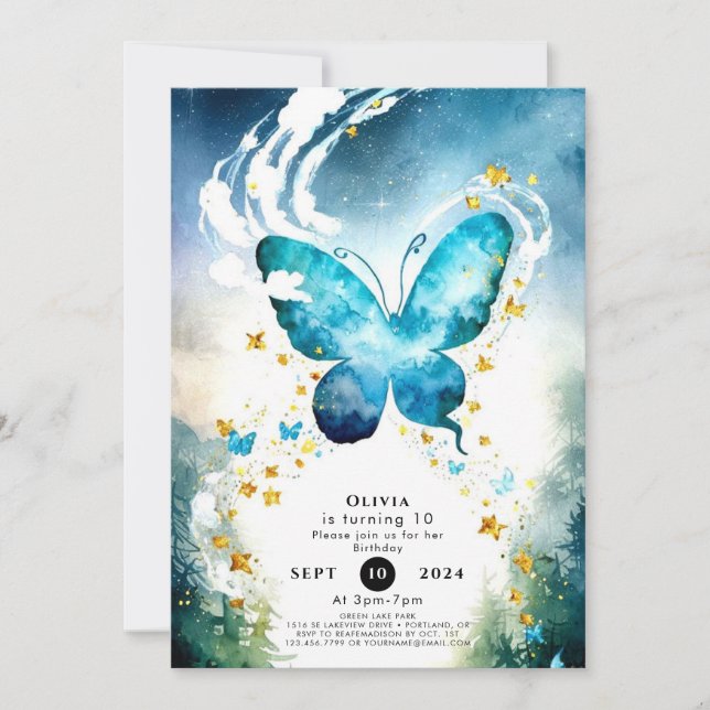Invitación Cumpleaños de la mariposa azul mágica (Anverso)