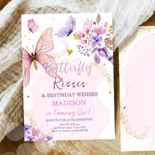 Invitación Cumpleaños de la mariposa besa Chica rosa morado f
