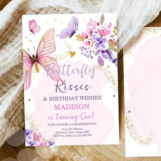 Invitación Cumpleaños de la mariposa besa Chica rosa morado f (Subido por el creador)
