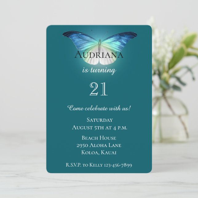 Invitación Cumpleaños de la mariposa blanca azul brillante (Anverso de pie)