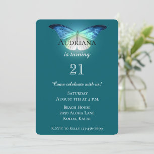 Invitación Cumpleaños de la mariposa blanca azul brillante