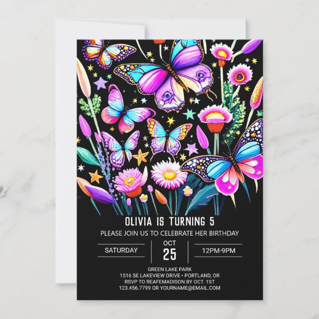 Invitación Cumpleaños de la Mariposa Comeditable Purple Moder (Anverso)