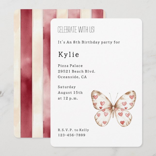 Invitación Cumpleaños de la mariposa de Cute Hearts (Anverso / Reverso)