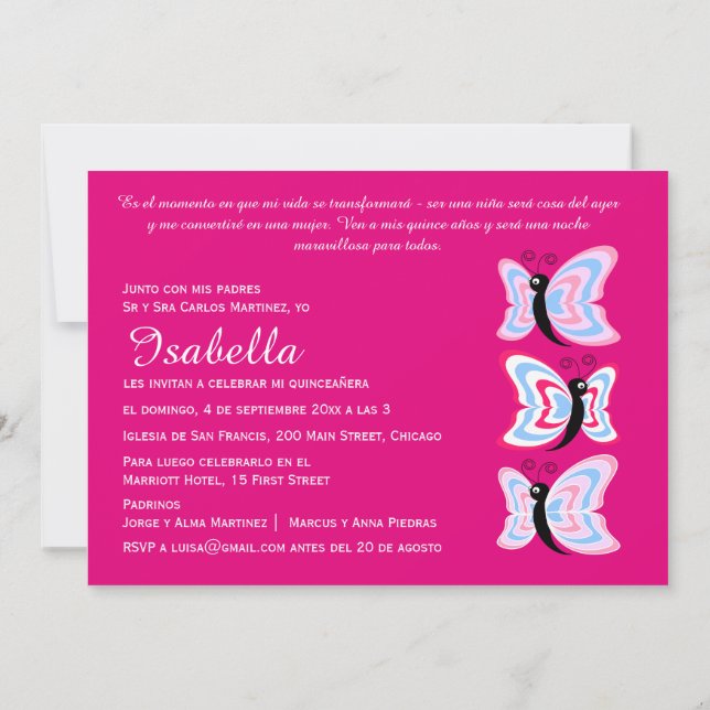 Invitación Cumpleaños de la Mariposa de Quinceañera bilingüe (Reverso)