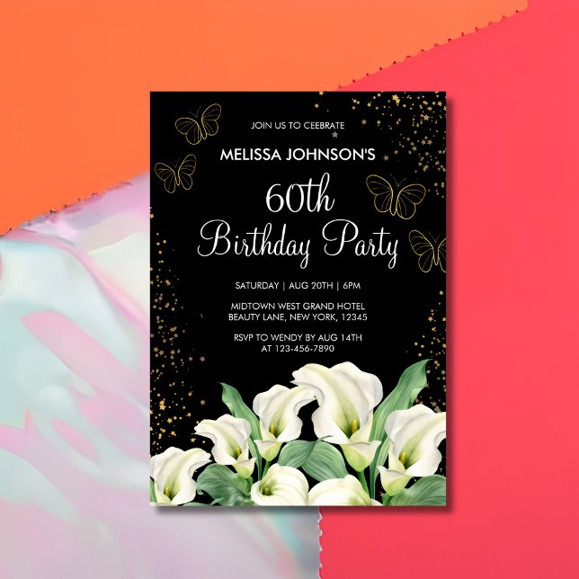 Invitación Cumpleaños de la Mariposa Dorada White Calla Lily (Subido por el creador)