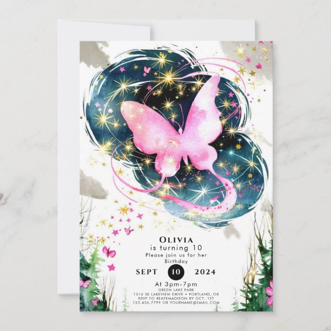 Invitación Cumpleaños de la Mariposa Encantada Pastel (Anverso)