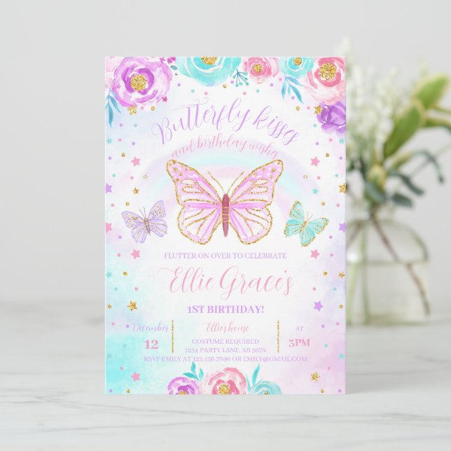 Invitación Cumpleaños de la mariposa floral (Anverso de pie)