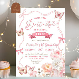 Invitación Cumpleaños de la mariposa floral con flor de prima