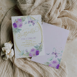 Invitación Cumpleaños de la mariposa floral morada y dorada
