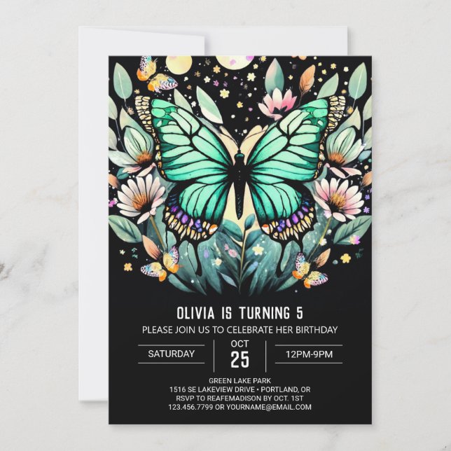 Invitación Cumpleaños de la mariposa flotante (Anverso)