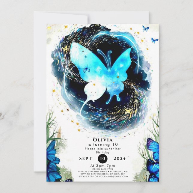 Invitación Cumpleaños de la mariposa infantil Pastel (Anverso)