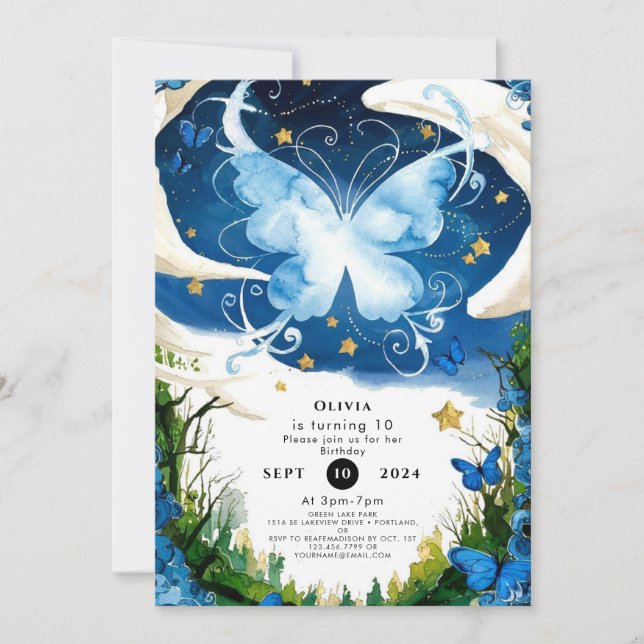 Invitación Cumpleaños de la Mariposa Mágica de Acuarela (Anverso)