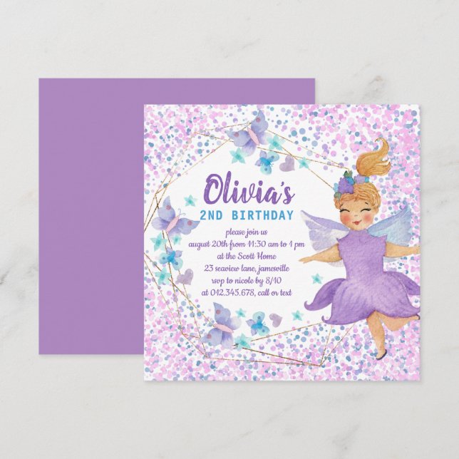 Invitación Cumpleaños de la Mariposa Mariposa Purple Fairy He (Anverso / Reverso)