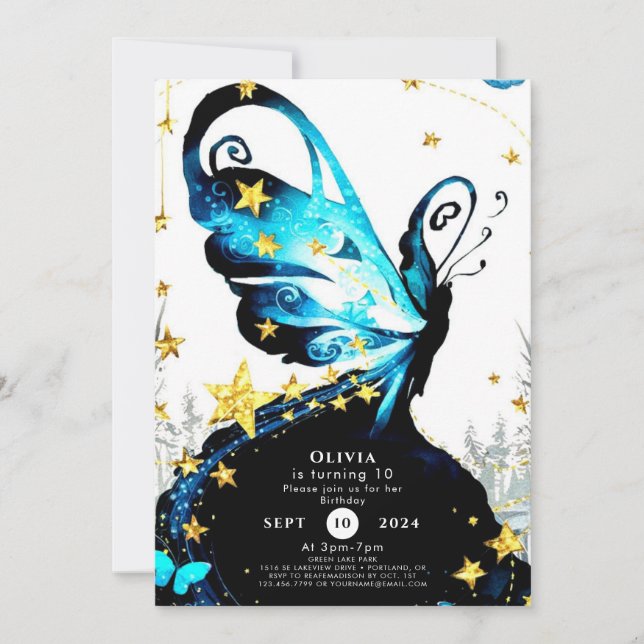 Invitación Cumpleaños de la mariposa mística y caprichosa (Anverso)