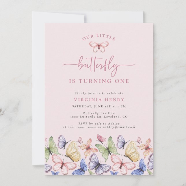 Invitación Cumpleaños de la mariposa rosa (Anverso)