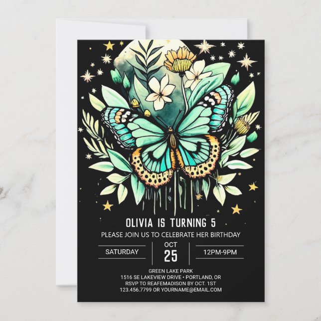 Invitación Cumpleaños de la mariposa verde flotante (Anverso)