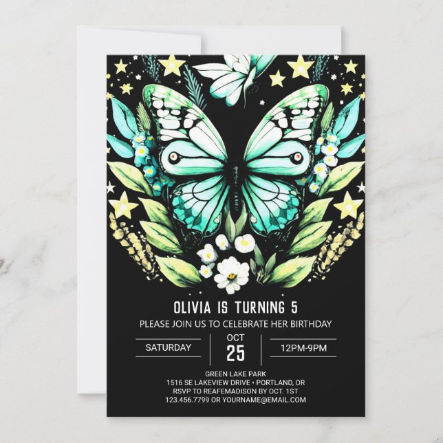 Invitación Cumpleaños de la Mariposa Verde Sage moderna (Anverso)
