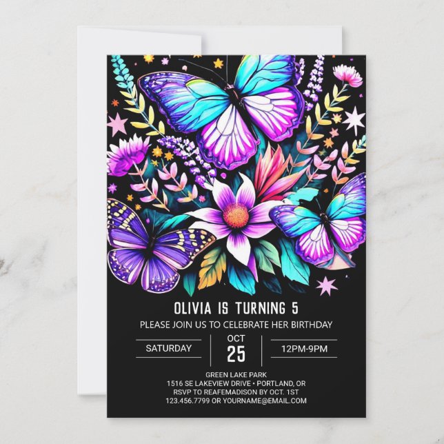 Invitación Cumpleaños de la Mariposa Vibrante Bohemia Imprimi (Anverso)