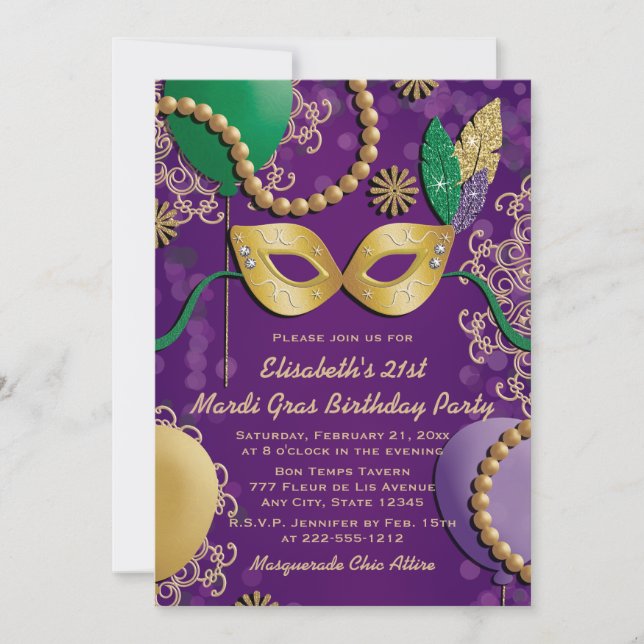 Invitación Cumpleaños de la máscara de Mardi Gras (Anverso)