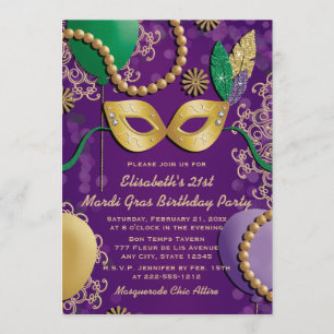 Invitación Cumpleaños de la máscara de Mardi Gras