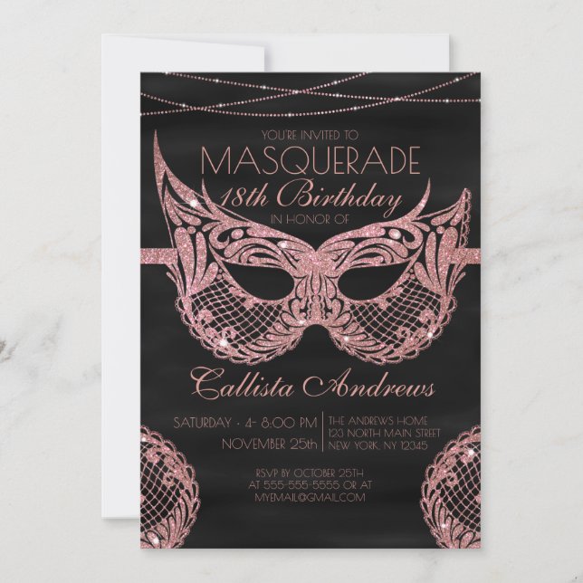 Invitación Cumpleaños de la Mascarada de Lace, Purpurina de o (Anverso)
