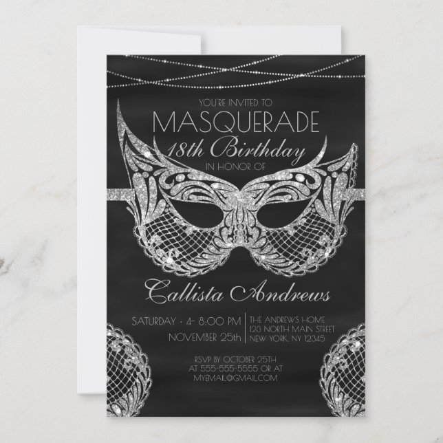 Invitación Cumpleaños de la Mascarada de Purpurina de Plata N (Anverso)