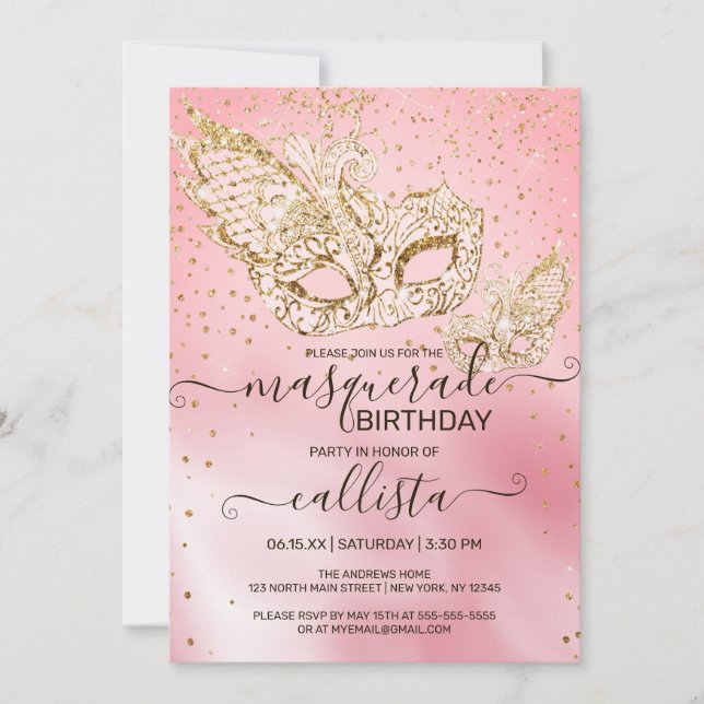 Invitación Cumpleaños de la mascarada de seda rosada Purpurin (Anverso)