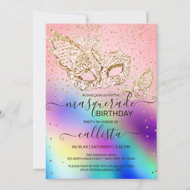 Invitación Cumpleaños de la Mascarada Holográfica Purpurina G (Anverso)
