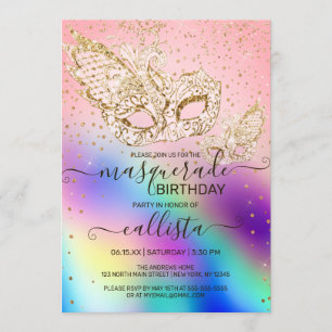 Invitación Cumpleaños de la Mascarada Holográfica Purpurina G