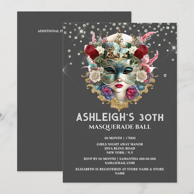 Invitación Cumpleaños de la mascarada Las mujeres venecianas  (Anverso / Reverso)