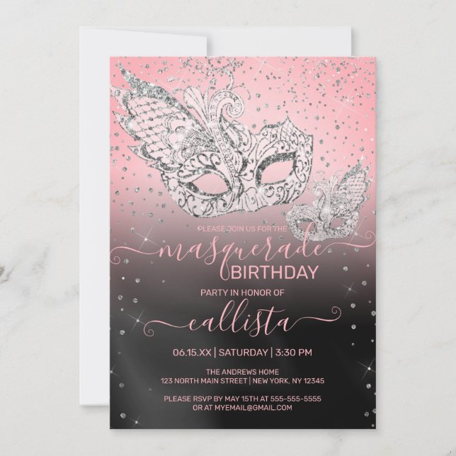 Invitación Cumpleaños de la Mascarada Negra Rosa Purpurina Pl (Anverso)