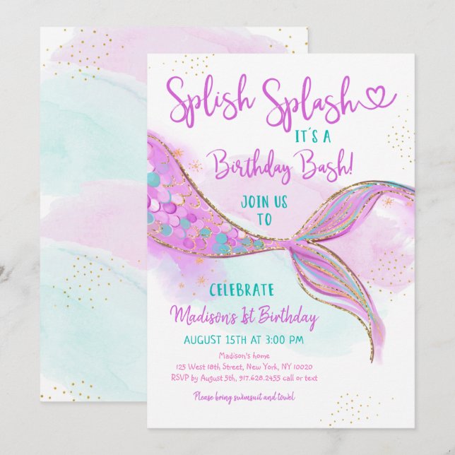 Invitación Cumpleaños de la Mermaid Pink Purple Gold (Anverso / Reverso)