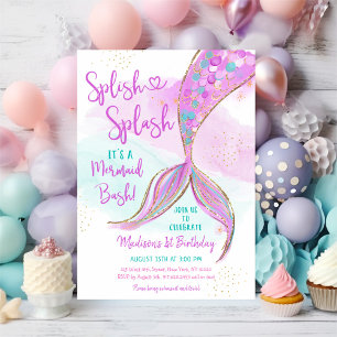 Invitación Cumpleaños de la Mermaid Pink Purple Gold