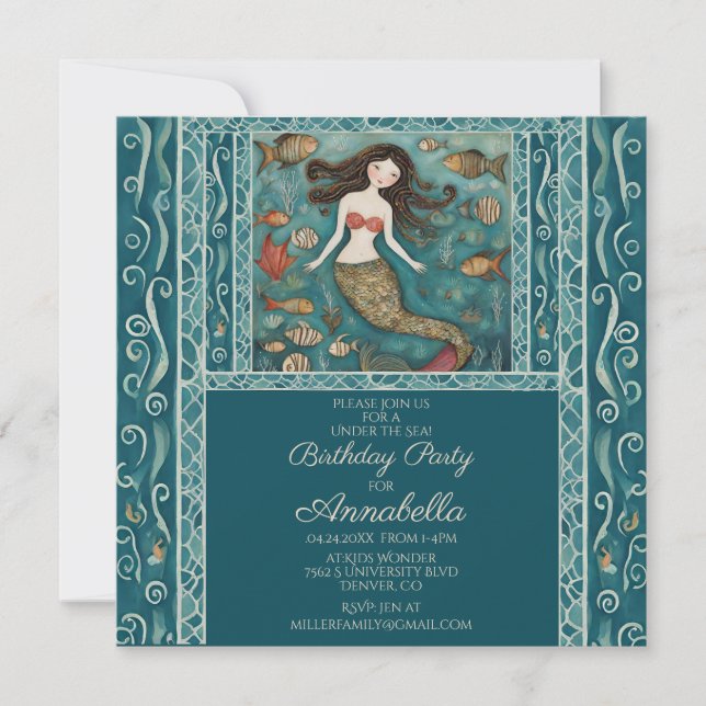 Invitación Cumpleaños de la Mermaid Watercolor (Anverso)