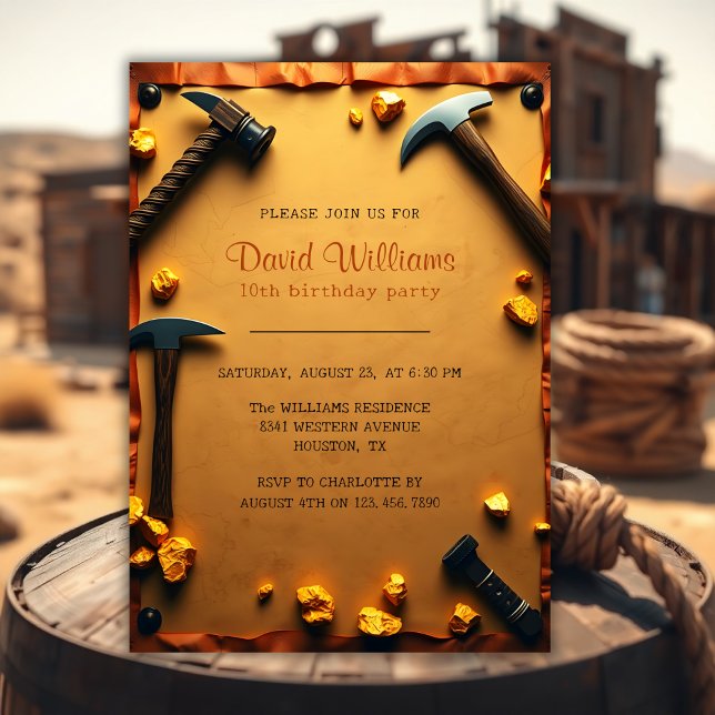 Invitación Cumpleaños de la Minería Oro del Fiesta Minero Occ (Western Miner Party Gold Mining Birthday Invitation)