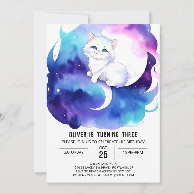 Invitación Cumpleaños de la Moda del gato acuarela (Anverso)